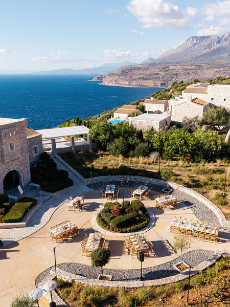 Aria Estate terrace overlooking the sea in the Peloponnese
