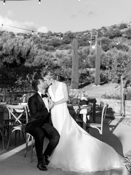 Bride and groom portrait at Aria Estate outdoor reception in Greece
