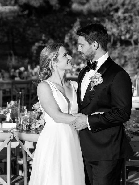 Romantic black-and-white portrait at Aria Estate wedding reception in Greece