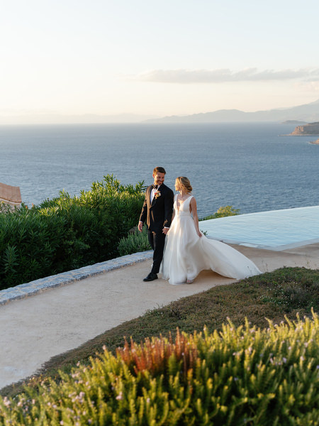 Bride and groom portrait at Aria Estate overlooking the Mediterranean
