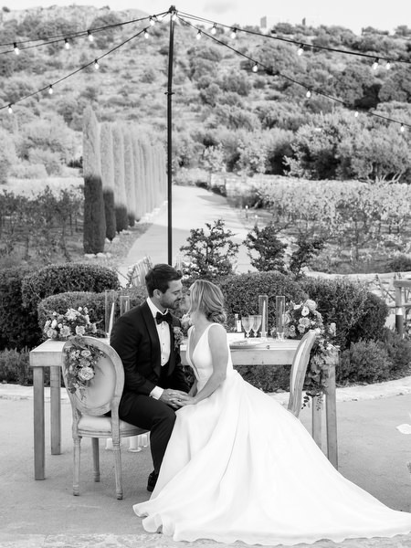 Black-and-white sweetheart table portrait at Aria Estate wedding