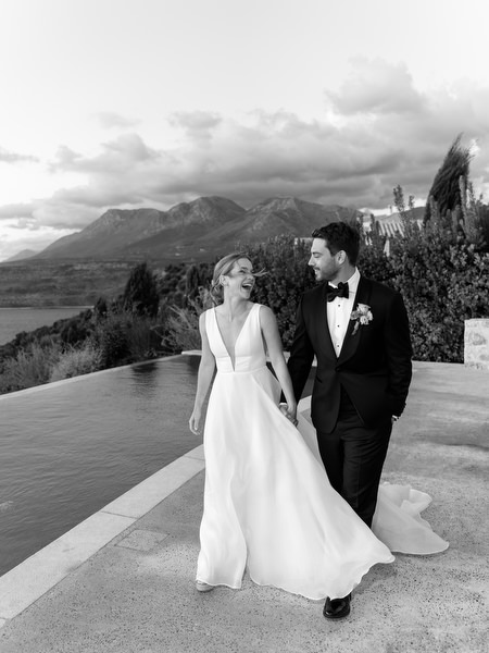 Black-and-white sunset portrait at Aria Estate in Greece