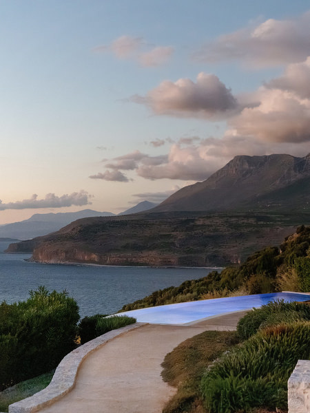 Blue hour view from Aria Estate wedding venue in the Peloponnese