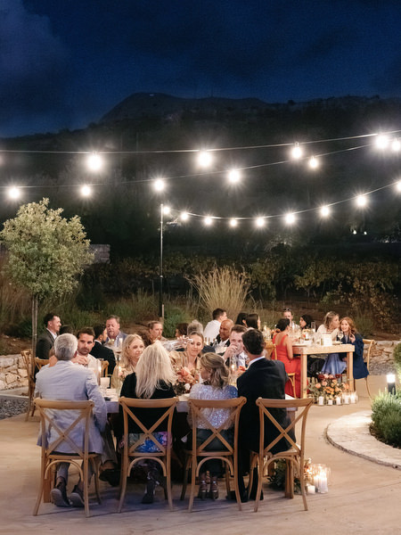 Outdoor wedding reception at Aria Estate under fairy lights
