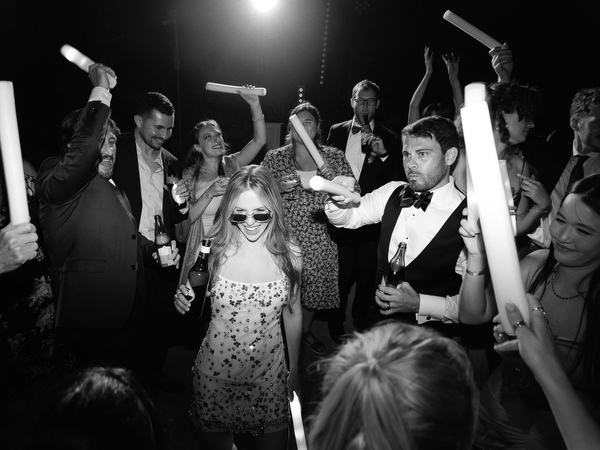 Bride celebrating on dance floor at Aria Estate night reception