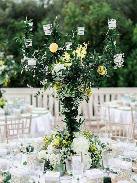 Outdoor dinner tables decorated for Athens destination wedding dinner