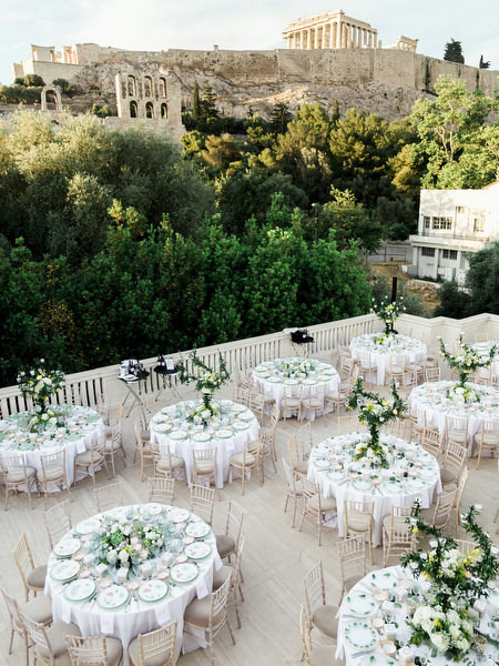 Luxury table setting at Athens pre-wedding dinner under the Acropolis