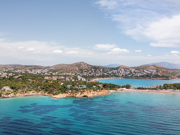 Aerial coastline view of the Athens Riviera in Greece during a luxury Athens wedding weekend at Four Seasons Astir Palace Athens