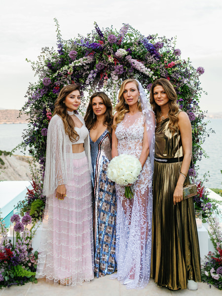 Bridal party portrait in pastel couture gowns at a luxury Athens Riviera wedding at Island Resort Athens Riviera