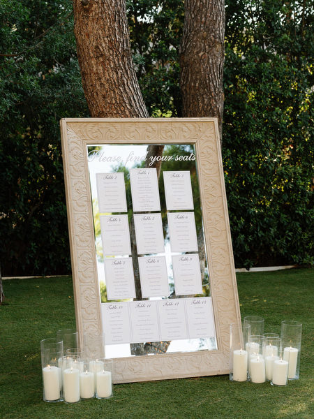 Framed wedding seating chart surrounded by white pillar candles at lakeside reception