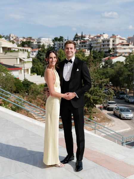 Elegant couple portrait outside the church before Greek Orthodox wedding ceremony in Athens