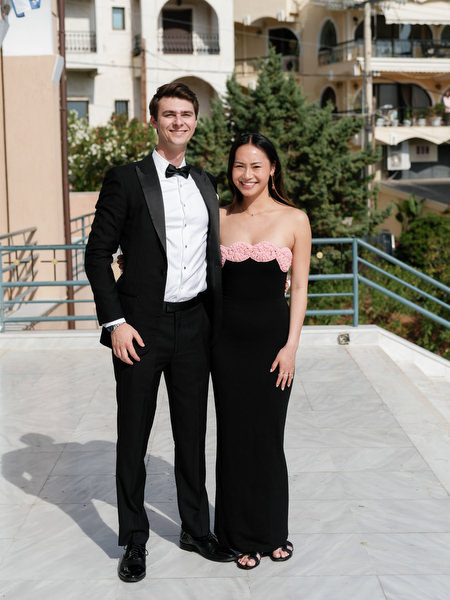 Wedding guests posing before ceremony at Athens Riviera destination wedding