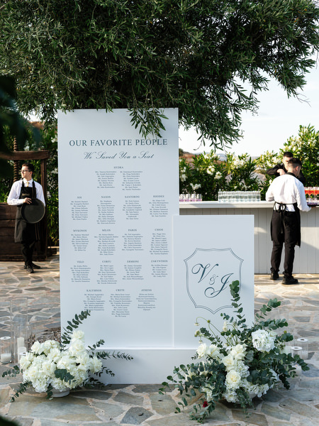 Elegant white seating chart with florals at Island Resort Athens Riviera wedding reception