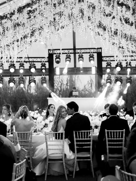 Black and white view of reception stage and lighting setup at Island Resort Athens Riviera