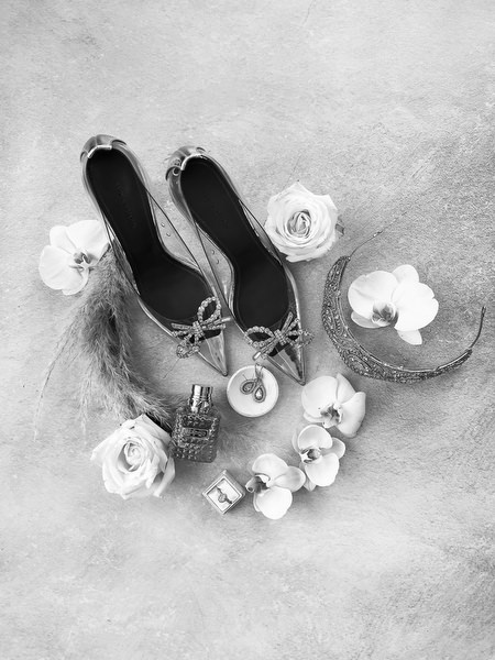 Black and white bridal flat lay during symbolic wedding ceremony in Athens at Margie Hotel