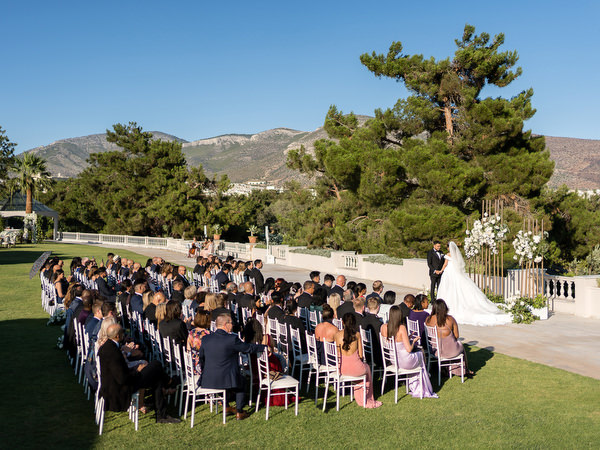 Wide ceremony view at Golf Privé Glyfada wedding venue