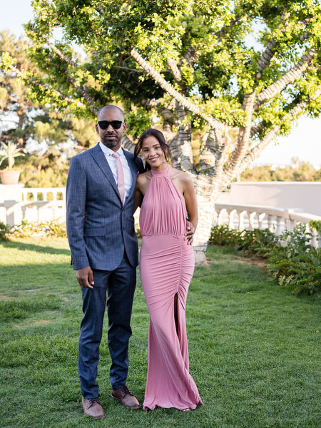 Wedding guest portrait in elegant evening attire