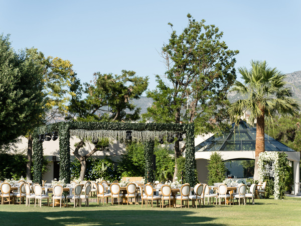 Outdoor reception tables decorated for Athens wedding celebration