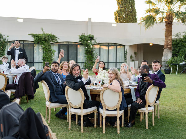 Wedding reception dinner under pergola at Athens Riviera venue