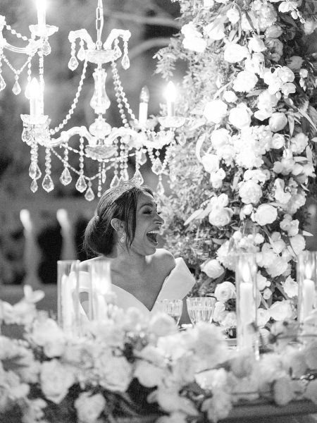 Bride reacting during emotional speech at Golf Privé Glyfada wedding