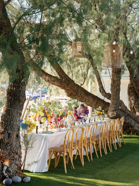 Long reception table set beneath trees with sea views during Athens destination wedding