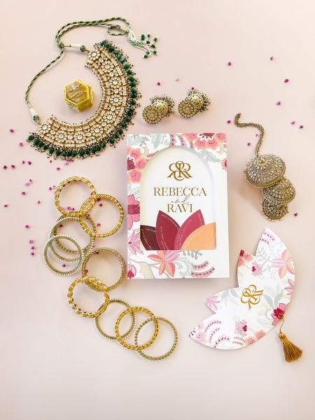 Rebecca and Ravi monogram wedding stationery styled with Indian bridal jewellery at Private House Island Resort Athens.