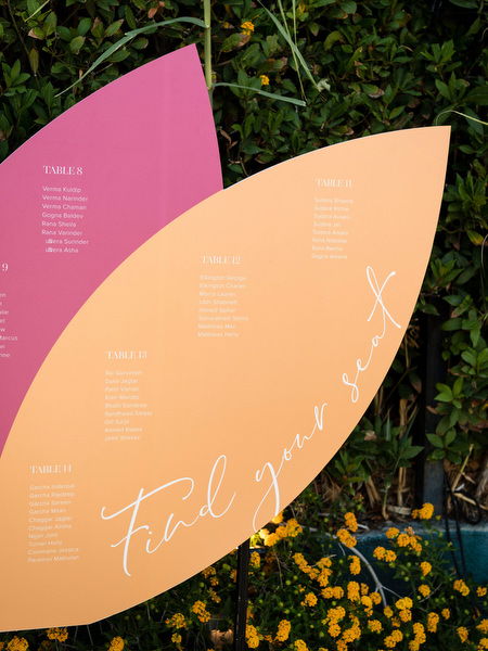 Pink and orange ombré wedding seating chart for Rebecca and Ravi at Private House Island Resort Athens.