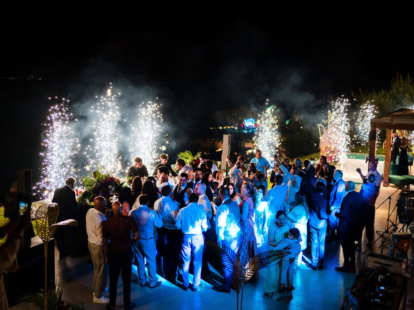 Cold spark fireworks during Indian wedding reception party at Private House Island Resort Athens.