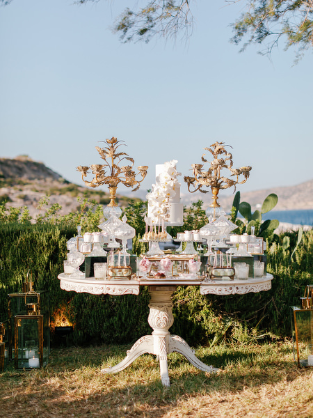 Luxury dessert and sweets table styling at Island Resort The Residence Nigerian wedding on the Athens Riviera.