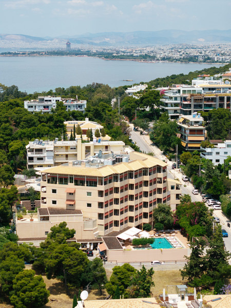 Panoramic view of Margi Hotel and surrounding coastline on the Athenian Riviera