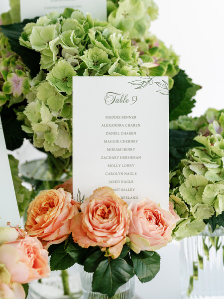 Table number card styled with hydrangeas and coral roses at Island Resort reception