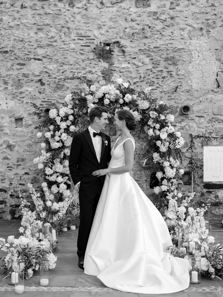 Elegant black and white wedding portrait at Kinsterna Hotel.