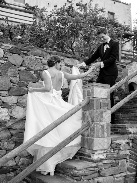 Bride on stone staircase at Kinsterna Hotel Monemvasia.
