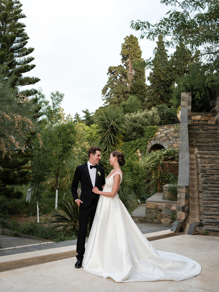 Golden hour wedding portrait at Kinsterna Hotel Greece.