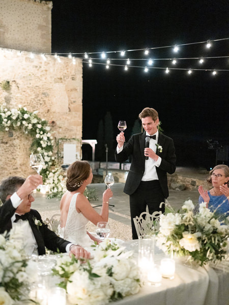 Grooms wedding toast at Kinsterna Hotel Monemvasia Greece.