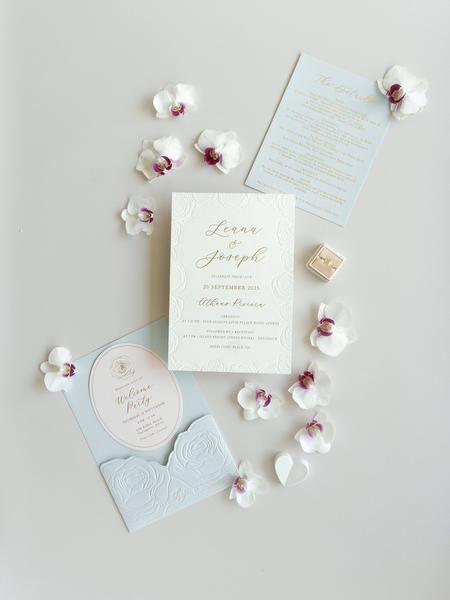 Elegant wedding invitation suite for a luxury Athens Riviera wedding with floral details