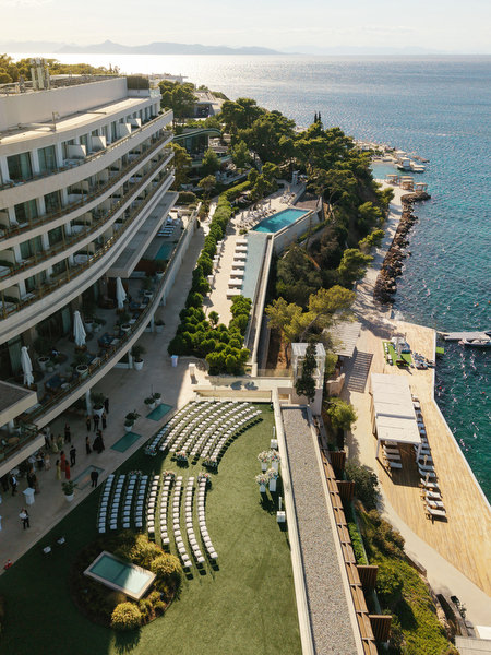 Aerial view of Four Seasons Astir Palace wedding ceremony on the Athens Riviera
