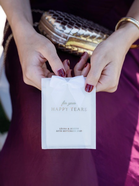 Wedding ceremony details including personalized “Happy Tears” tissues at a luxury Athens wedding