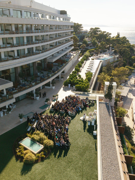 Aerial view of Four Seasons Astir Palace hosting a luxury Athens Riviera wedding ceremony