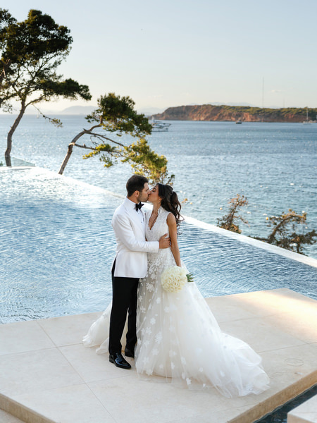 Luxury seaside wedding portrait overlooking the Athens Riviera coastline