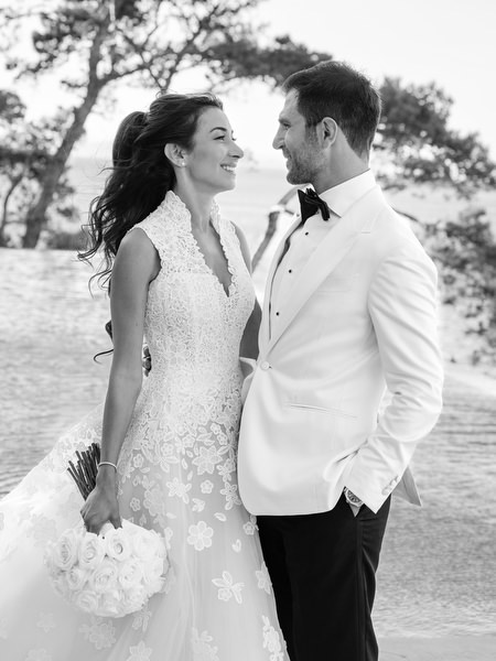 Romantic black-tie wedding portrait on the Athens Riviera