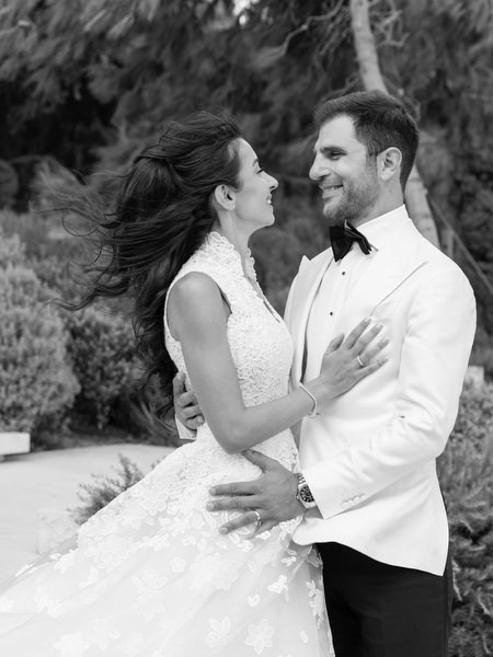 Emotional black-and-white wedding portrait on the Athens Riviera
