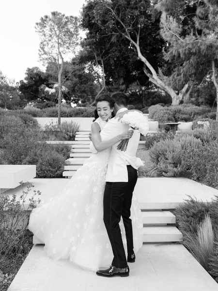 Playful black-and-white portrait during Athens Riviera wedding celebration