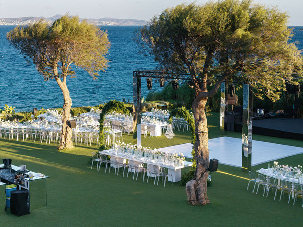 Elegant seaside wedding reception tablescape in Athens Greece