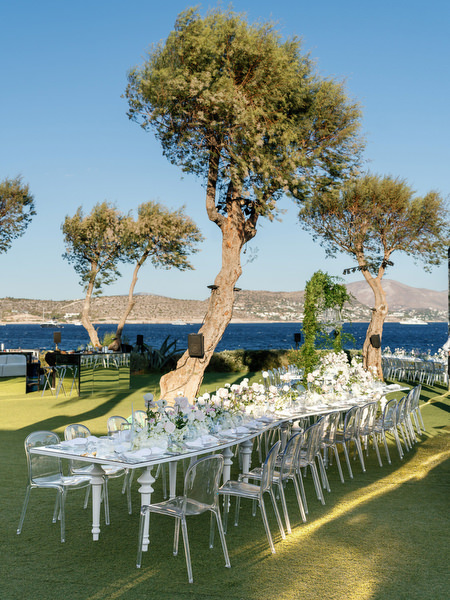 Seaside banquet table design at Athens Riviera wedding reception