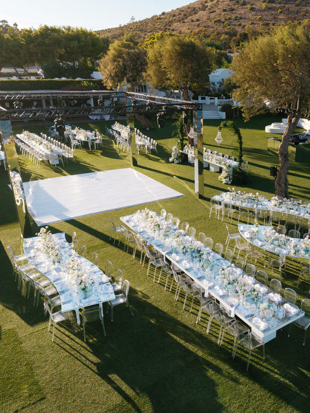 Outdoor luxury wedding reception setup at Island Resort Athens