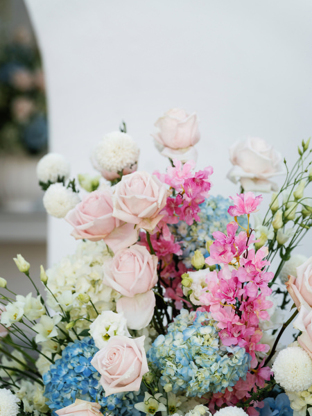 Luxury wedding bouquet with pastel roses and hydrangeas in Athens