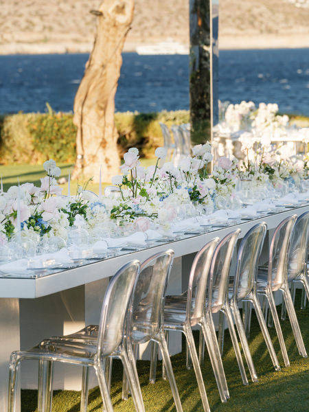 Elegant seaside banquet table at Athens Riviera wedding reception