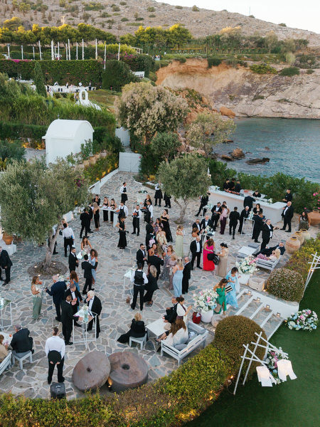 Luxury wedding cocktail hour overlooking the Athens Riviera coastline