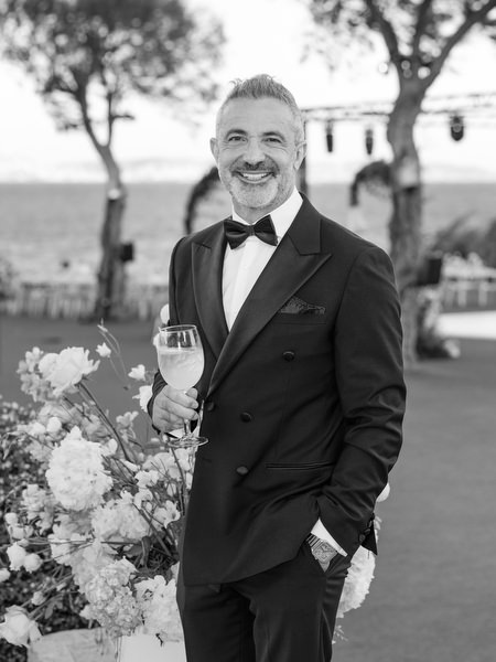 Black-and-white portrait at luxury Athens Riviera wedding reception